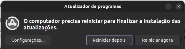 Atualizador de programa solicitando reinicialização do sistema.