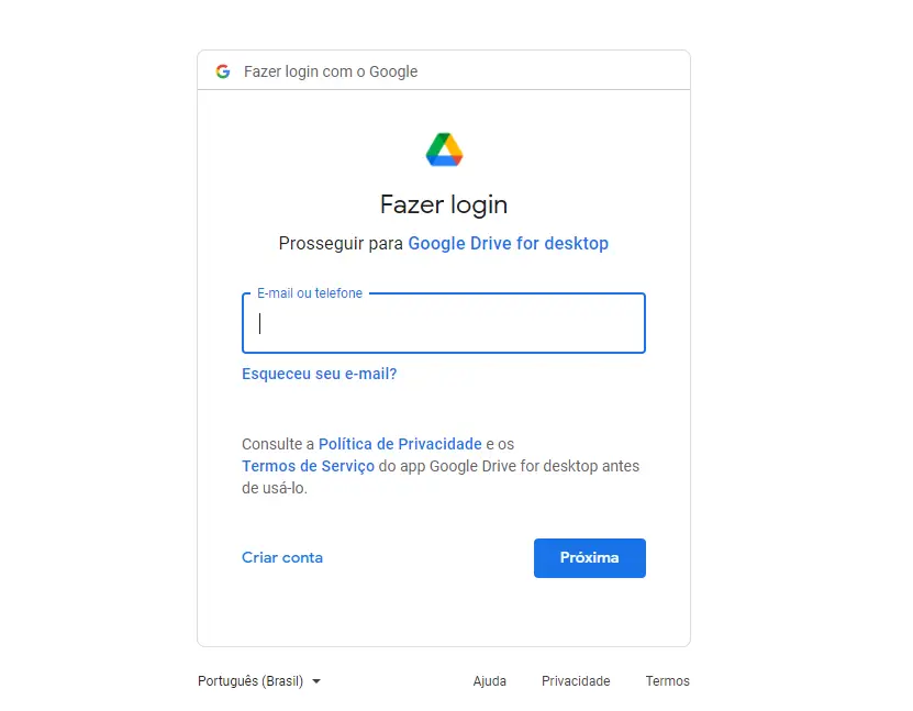 Tela de login do Google