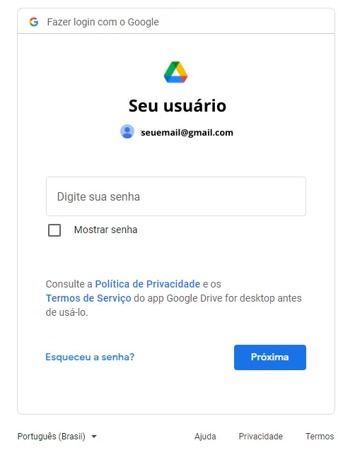 Tela de solicitação de senha do Google